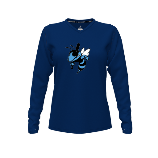[CUS-DFW-TEES-CMF-VNK-LSL-NVY-FYXS-LOGO1] Comfort T-Shirt (Female Youth XS, Navy, V Neck, Logo 1, Long Sleeve)