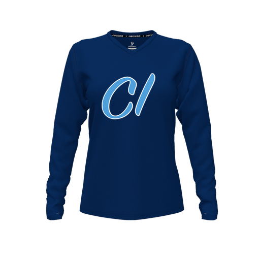 [CUS-DFW-TEES-CMF-VNK-LSL-NVY-FYXS-LOGO3] Comfort T-Shirt (Female Youth XS, Navy, V Neck, Logo 3, Long Sleeve)