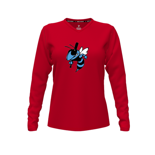 [CUS-DFW-TEES-CMF-VNK-LSL-RED-FYXS-LOGO1] Comfort T-Shirt (Female Youth XS, Red, V Neck, Logo 1, Long Sleeve)