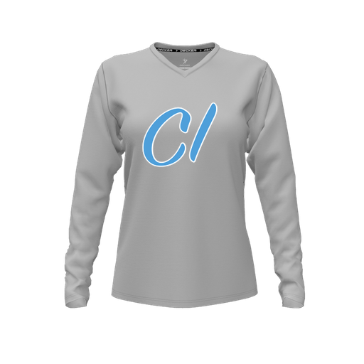 [CUS-DFW-TEES-CMF-VNK-LSL-GRY-FYXS-LOGO3] Decker Comfort T-Shirt (Female Youth XS, Gray, V Neck, Logo 3, Long Sleeve)