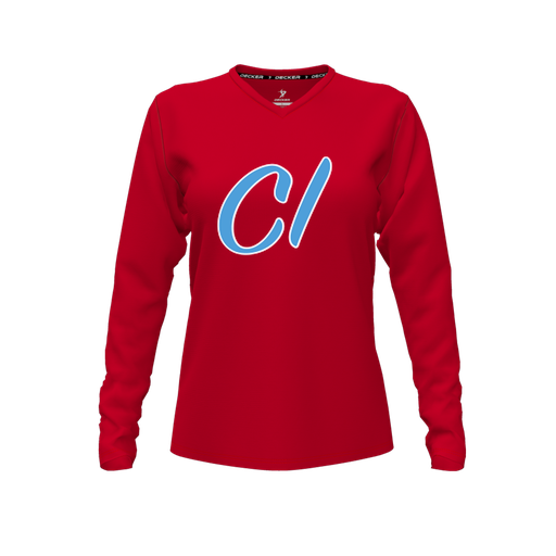[CUS-DFW-TEES-PER-VNK-LSL-RED-FYXS-LOGO3] Performance T-Shirt (Female Youth XS, Red, V Neck, Logo 3, Long Sleeve)